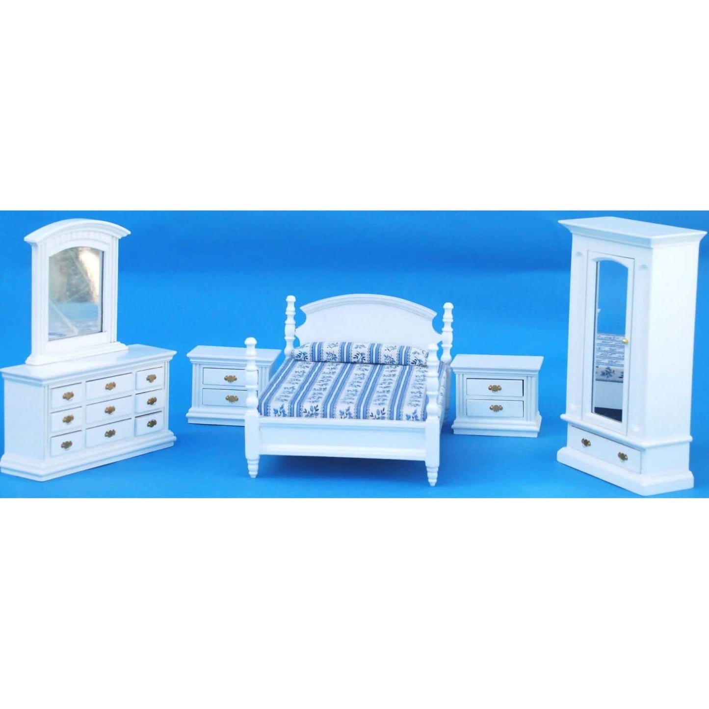 Annie's Dolls House - Wooden 5pcs White Bedroom Furniture Set with Wardrobe - Dollhouse Furniture
