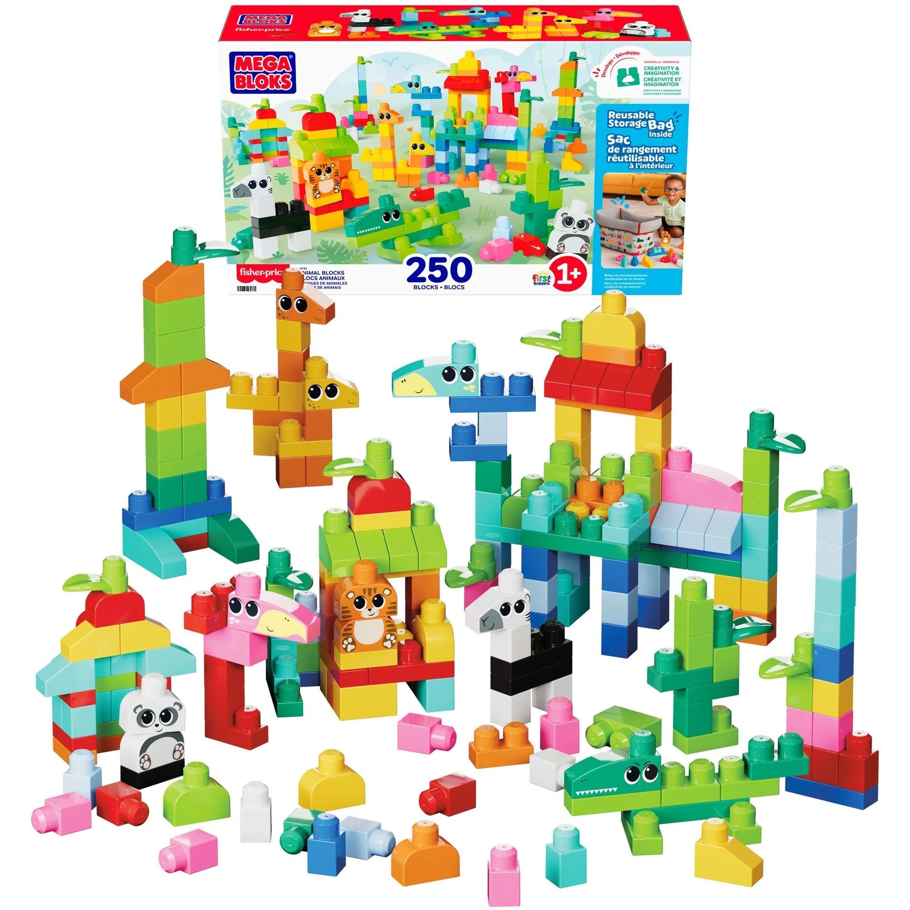 MEGA BLOKS - Fisher-Price Animal Blocks Building Toy with Storage 250 Blocks - Mattel