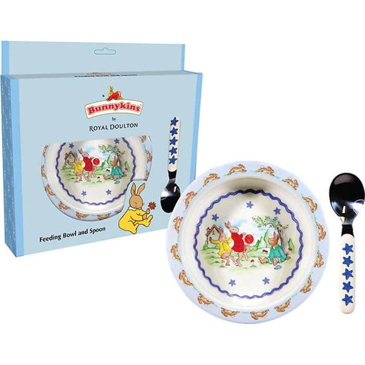 University Games - Bunnykins Feeding Bowl & Spoon - Shining Stars Design Blue By Royal Doulton