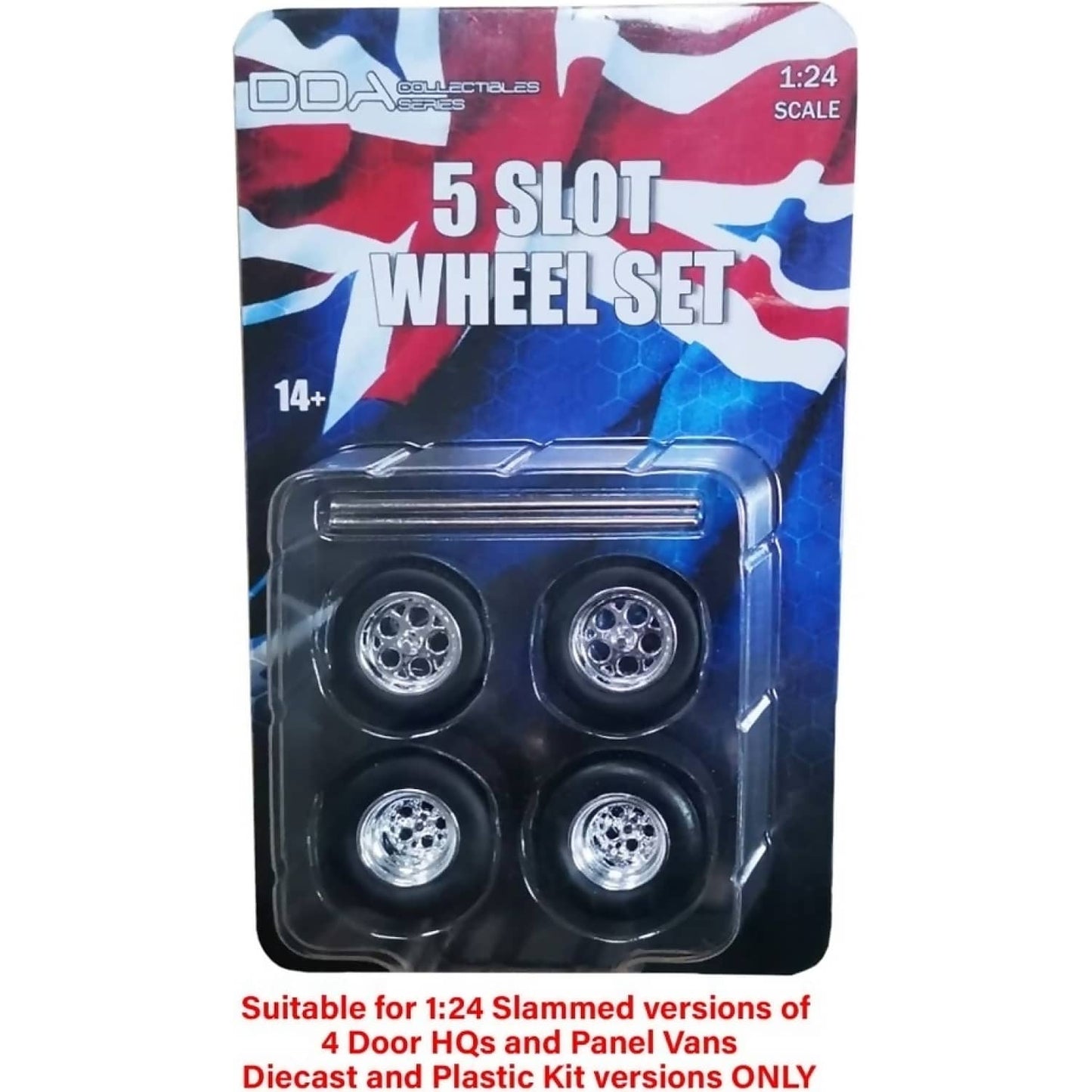DDA Collectibles -  1:24 Scale - 10 Spoke - 5 Slot Chrome Wheels with Tyres & Axles Suits Slammed Holden HQ & HJ or Ford XW & XY - Diecast Model Accessory