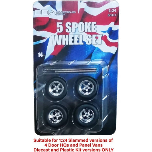 DDA Collectibles -  1:24 Scale - 5 Spoke Chrome Wheels Set with Tyres & Axles - Suits Slammed Models Holden HQ & HJ - Ford XW & XY - Diecast Model Accessory