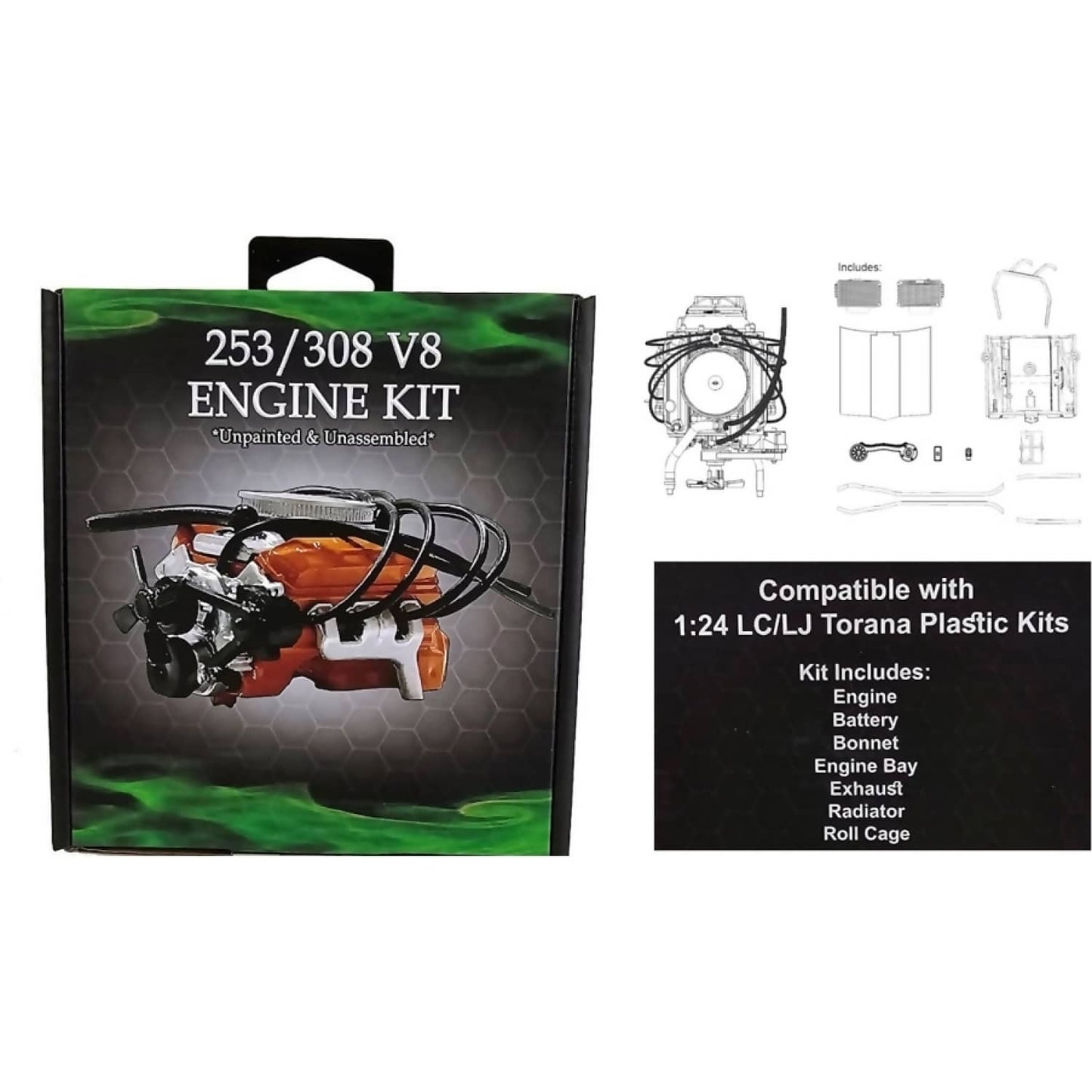 DDA Collectibles - Holden 253 / 308 V8 1:24 Scale Engine Kit for A9X LX SS Torana - Plastic Diecast Model Kit