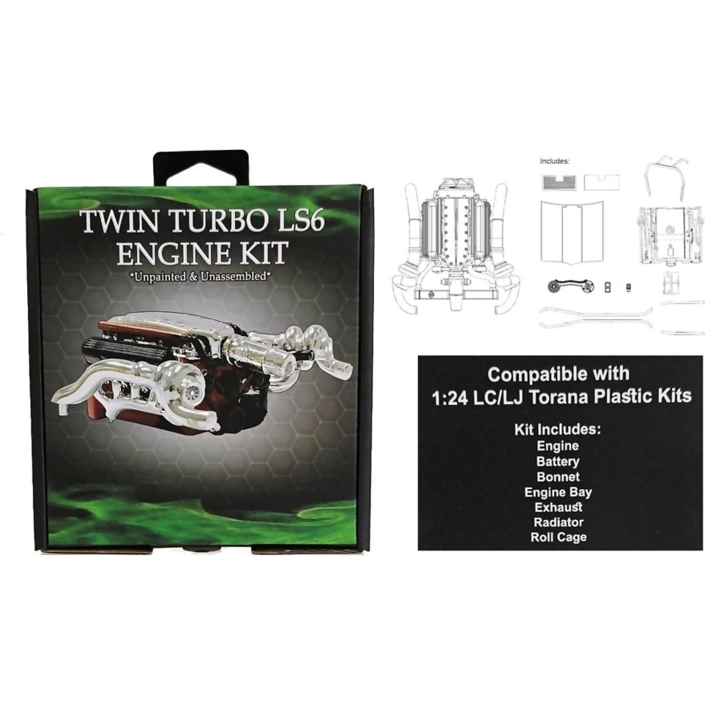 DDA Collectibles -  1:24 Scale - LC & LJ Twin Turbo LS6 Torana Engine Plastic Kit - Diecast Model Accessory