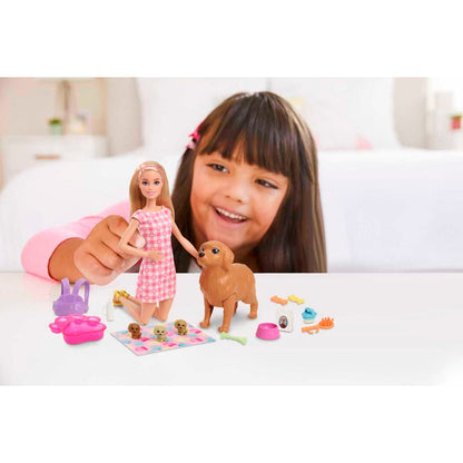 Barbie - Newborn Pups Playset With Blonde Doll Mommy Dog And 3 Puppies
