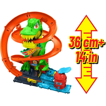Hot Wheels - City T-rex Blaze Battle Playset & 1:64 Scale Die-cast Car Dinosaur Nemesis