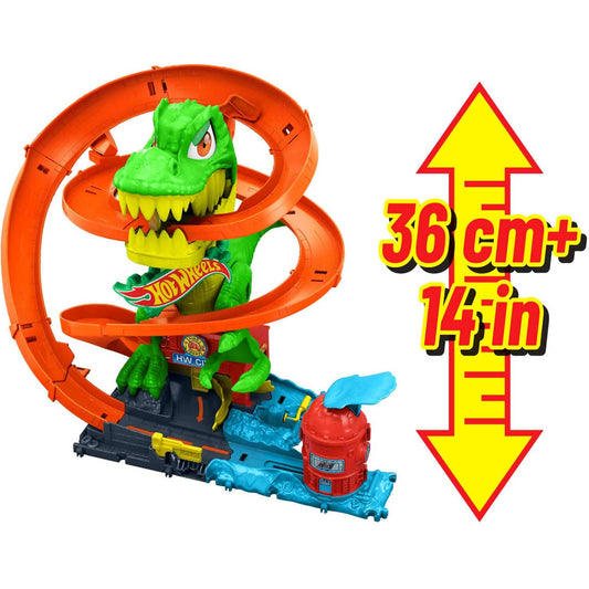 Hot Wheels - City T-rex Blaze Battle Playset & 1:64 Scale Die-cast Car Dinosaur Nemesis