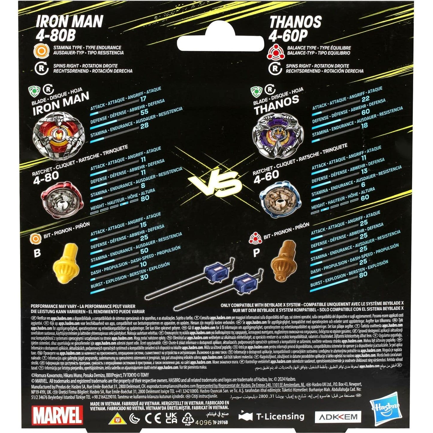Beyblade -  X - Marvel Collab Iron Man 4-80B Vs. Thanos 4-60B Battle Tops Multipack Set With 2 Tops & 2 Launchers