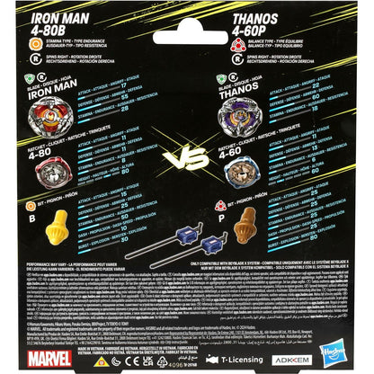Beyblade -  X - Marvel Collab Iron Man 4-80B Vs. Thanos 4-60B Battle Tops Multipack Set With 2 Tops & 2 Launchers