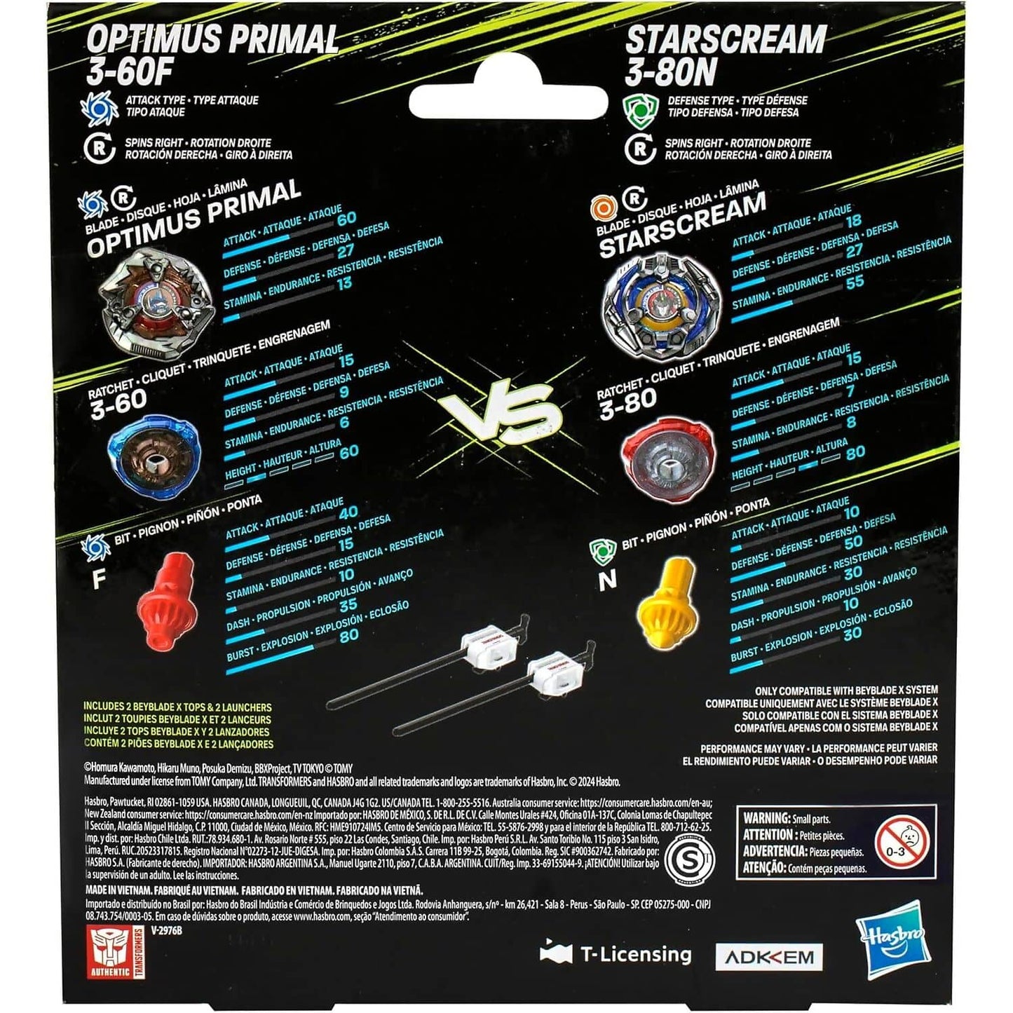Beyblade -  X - Transformers Collab Optimus Primal 3-60F Vs. Starscream 3-80N Multipack Set With 2 Tops & 2 Launchers