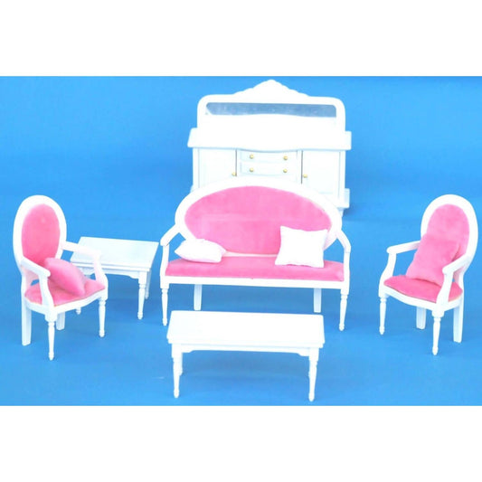 Annie's Dolls House - Wooden White Living Room with Pink Sofa Furniture Set - Dollhouse Furniture