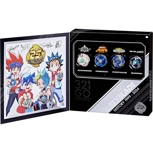 Beyblade -  X - 25th Anniversary Set History 1999 - 2024 Includes 4 Takara Tomy Tops and 4 Launchers