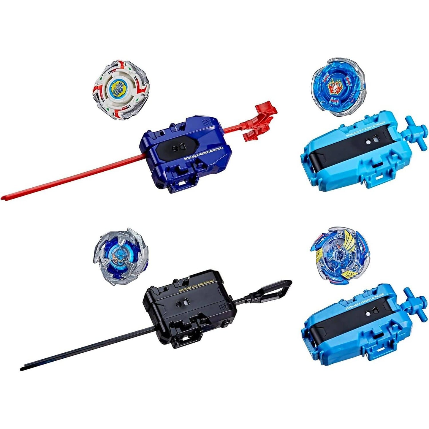 Beyblade -  X - 25th Anniversary Set History 1999 - 2024 Includes 4 Takara Tomy Tops and 4 Launchers