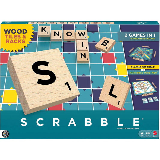 Scrabble - Wood Tiles & Racks 2 GAMES IN 1 - Double-Sided Board Game - Mattel