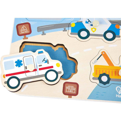 Hape - Wooden Emergency Vehicles Peg Puzzle