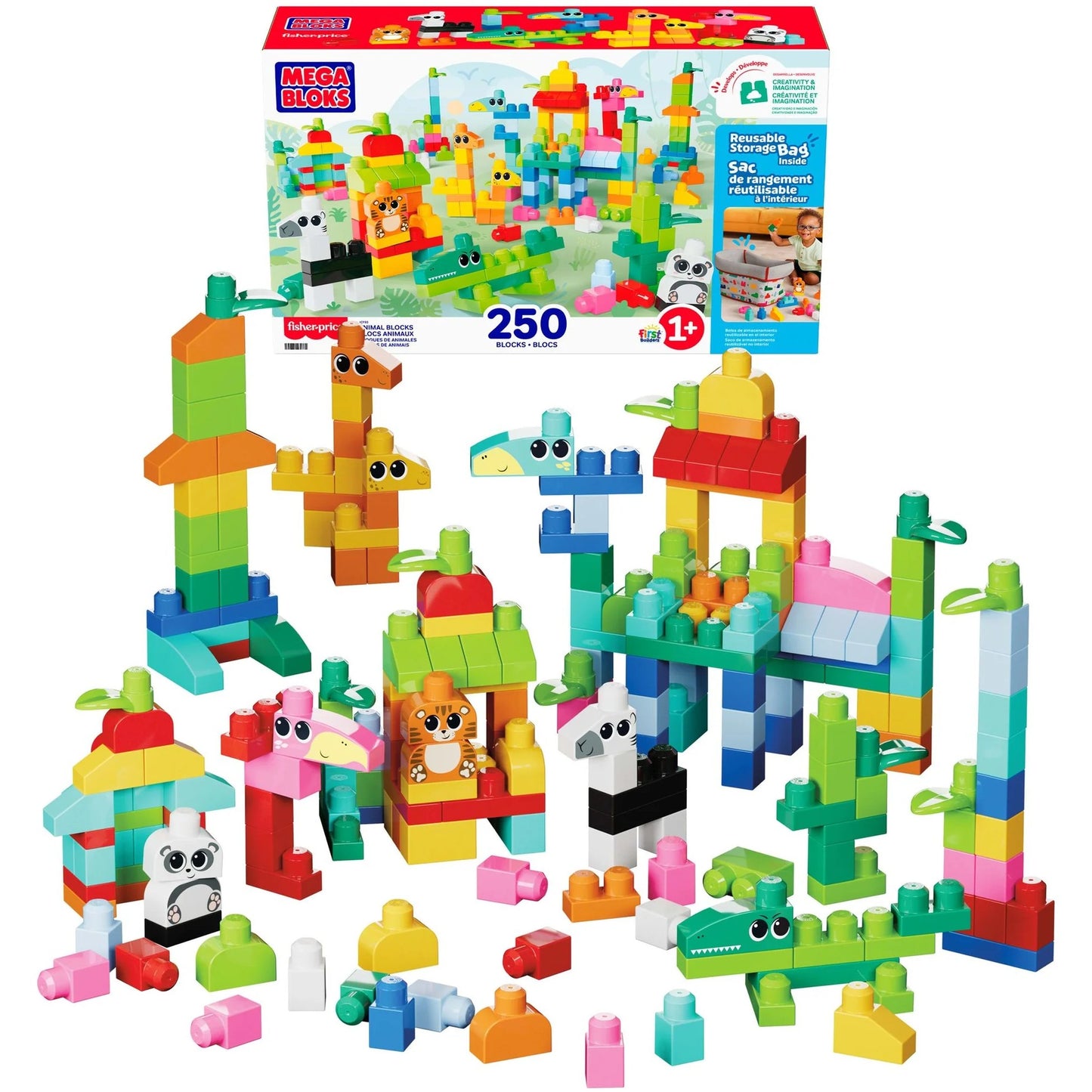 MEGA BLOKS - Fisher-Price Animal Blocks Building Toy with Storage 250 Blocks - Mattel