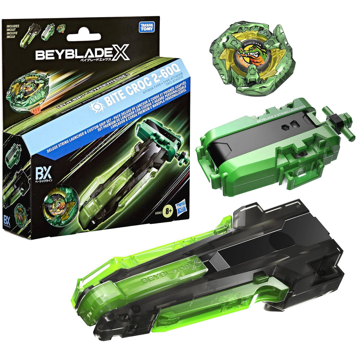 Beyblade X - Bite Croc 2-60Q Deluxe String Launcher & Custom Grip Set - Hasbro