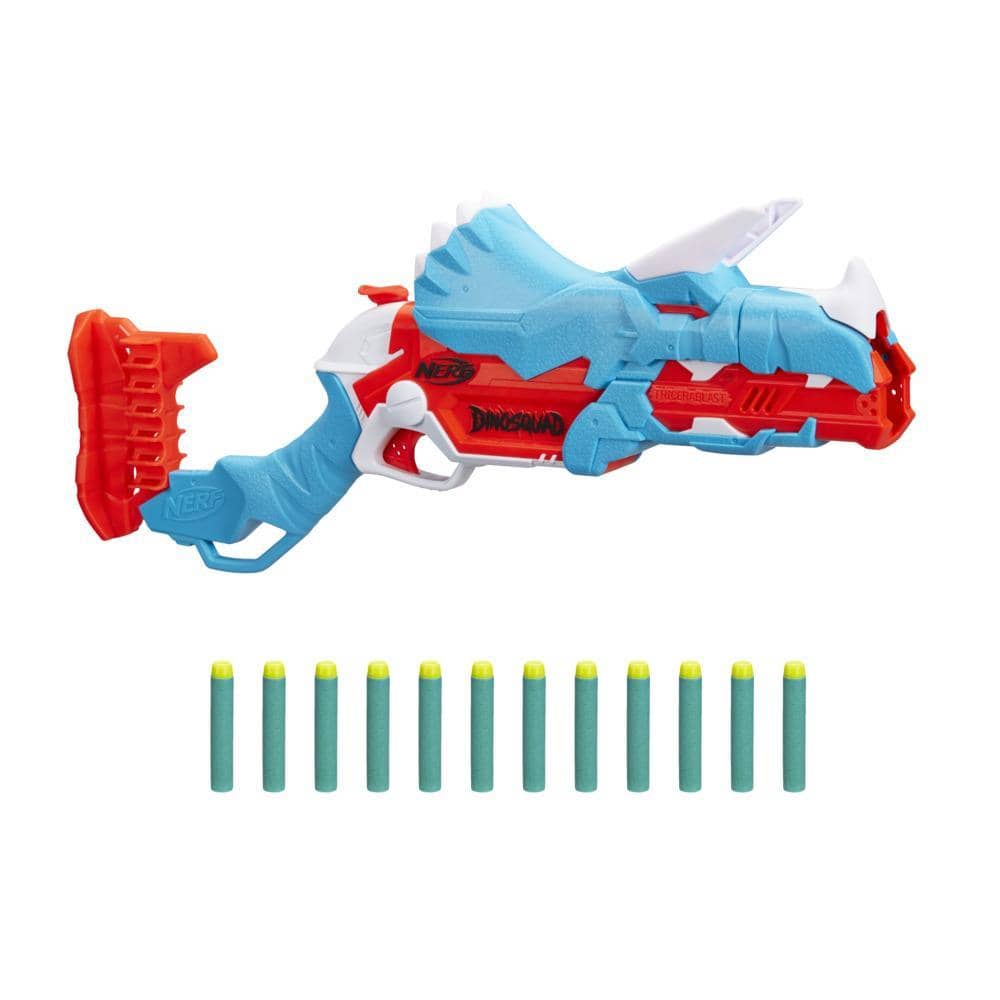 Nerf -  Dinosquad Tricera-blast Blaster Break-open 3-dart Loading 12 Nerf Darts Dart Storage Triceratops Dinosaur Design