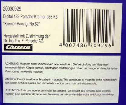 Carrera -  Evolution 1:32 - Porsche Kremer 935 No62 K3 - Slot Car Also Suits Scalextric