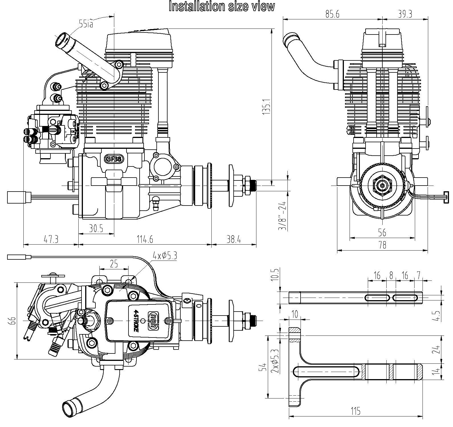 NGH - GF38 38CC GAS 4-STROKE ENGINE WITH STRAIGHT OUT PIPE