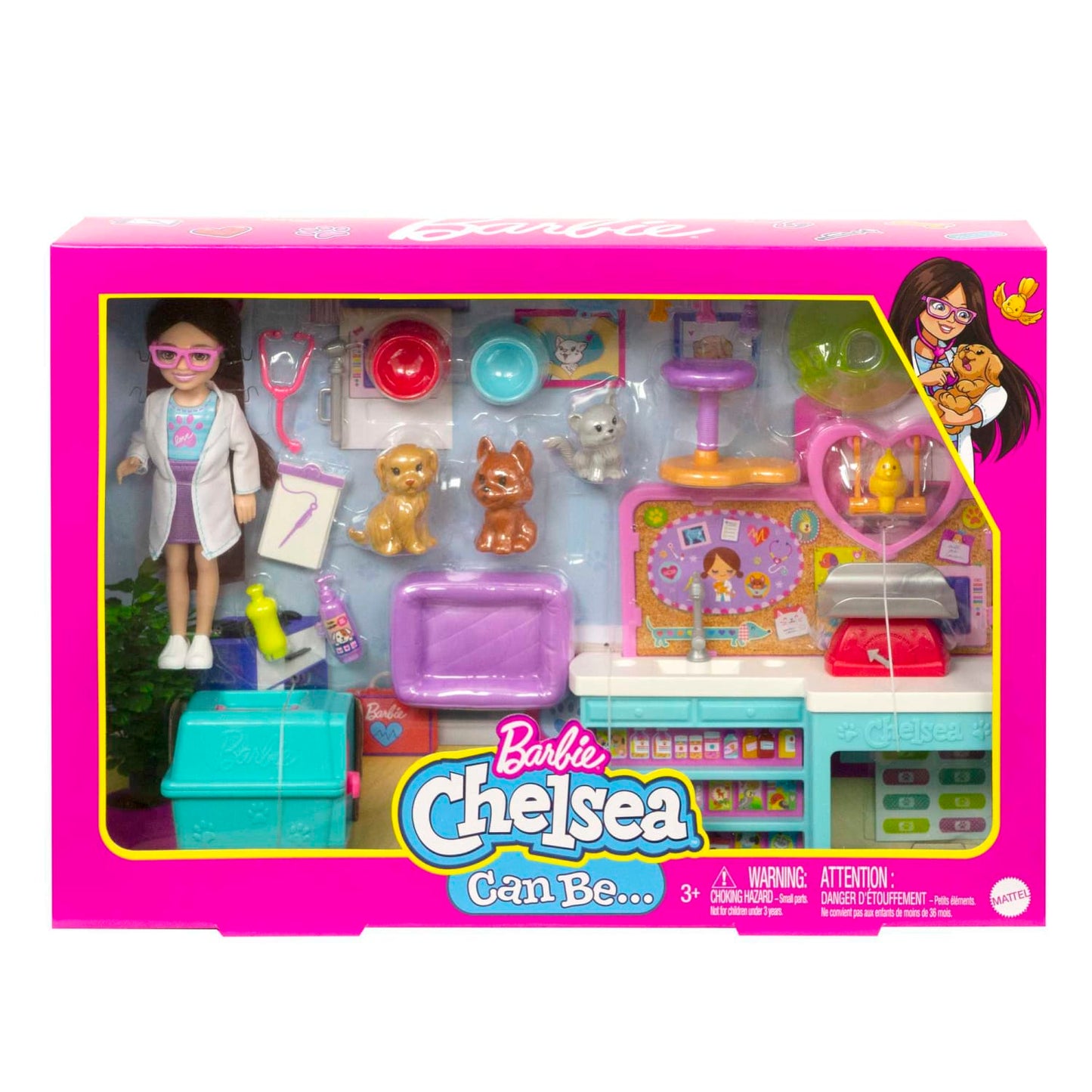 Barbie -  Doll Chelsea Pet Vet Playset With Doll 4 Animals And 18 Pieces