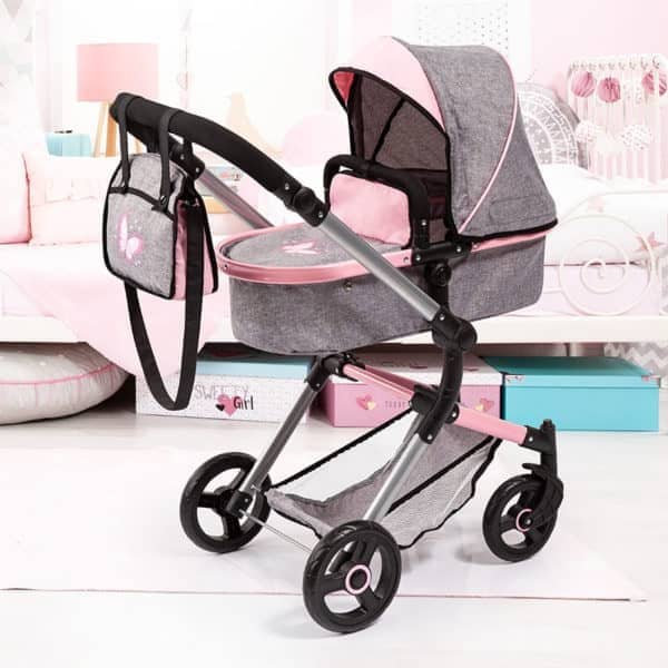 Bayer Combi Dolls Pram Neo Vario With Butterfly Grey Denim With Pink Trim - Image 8