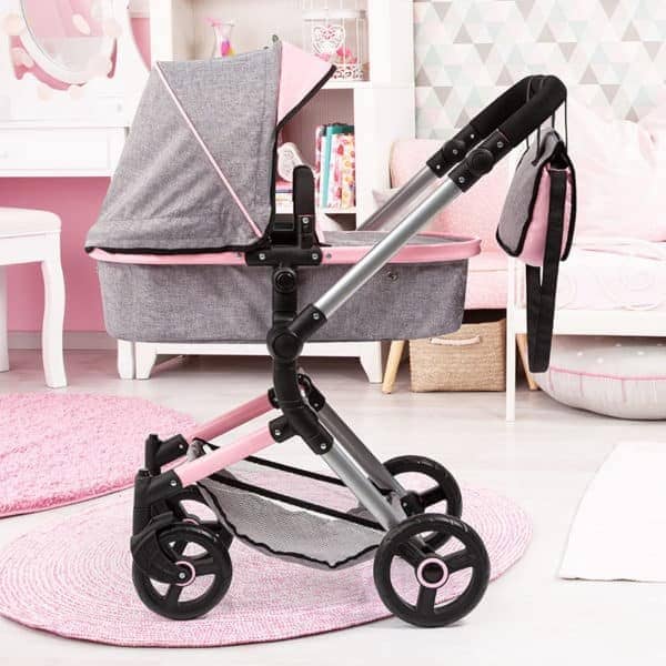 Bayer Combi Dolls Pram Neo Vario With Butterfly Grey Denim With Pink Trim - Image 2