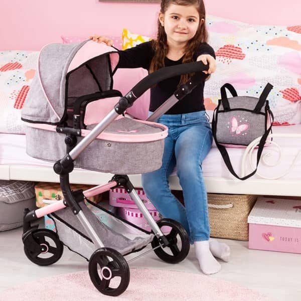 Bayer Combi Dolls Pram Neo Vario With Butterfly Grey Denim With Pink Trim - Image 10