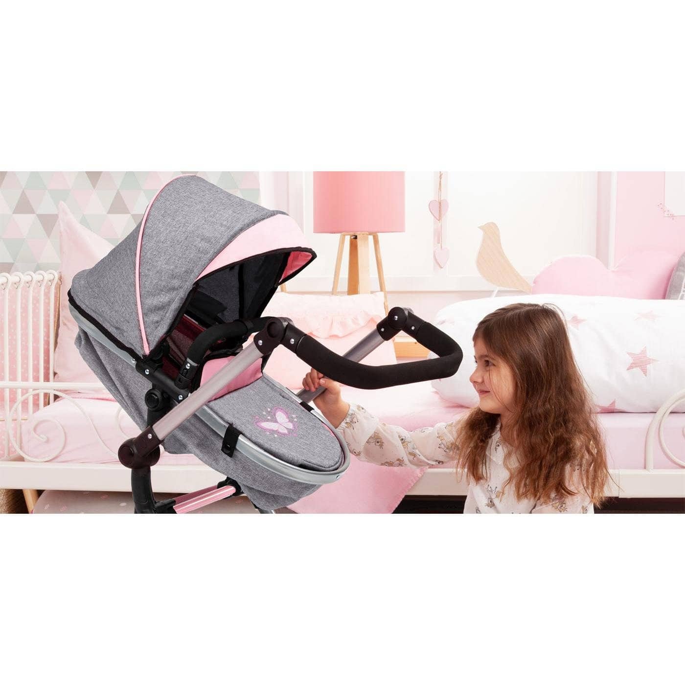 Bayer Combi Dolls Pram Neo Vario With Butterfly Grey Denim With Pink Trim