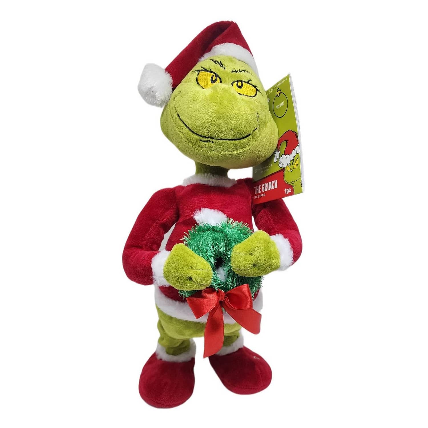Cotton Candy - Xmas Animated Grinch In Santa Suit With Wreath 35cm - Dr. Seuss
