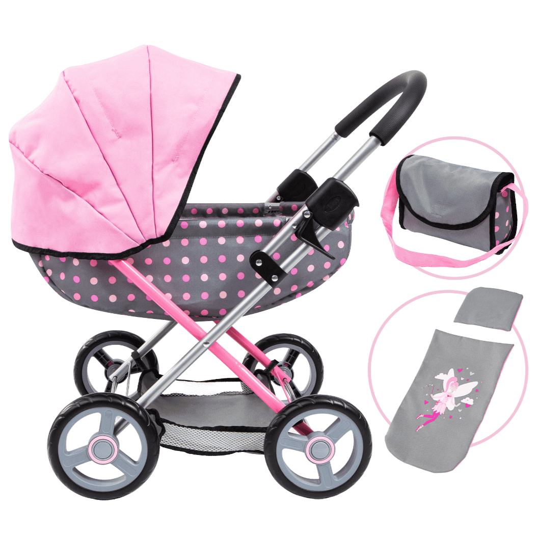 Bayer Cosy Dolls Toy Pram Grey With Pink Dots And Hood