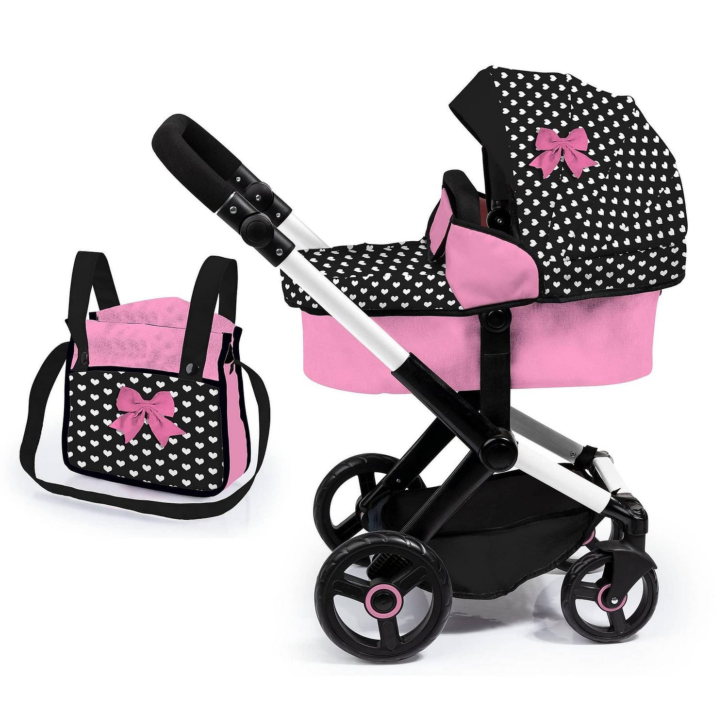 Bayer Xeo Compact Doll Pram Pink With White Hearts