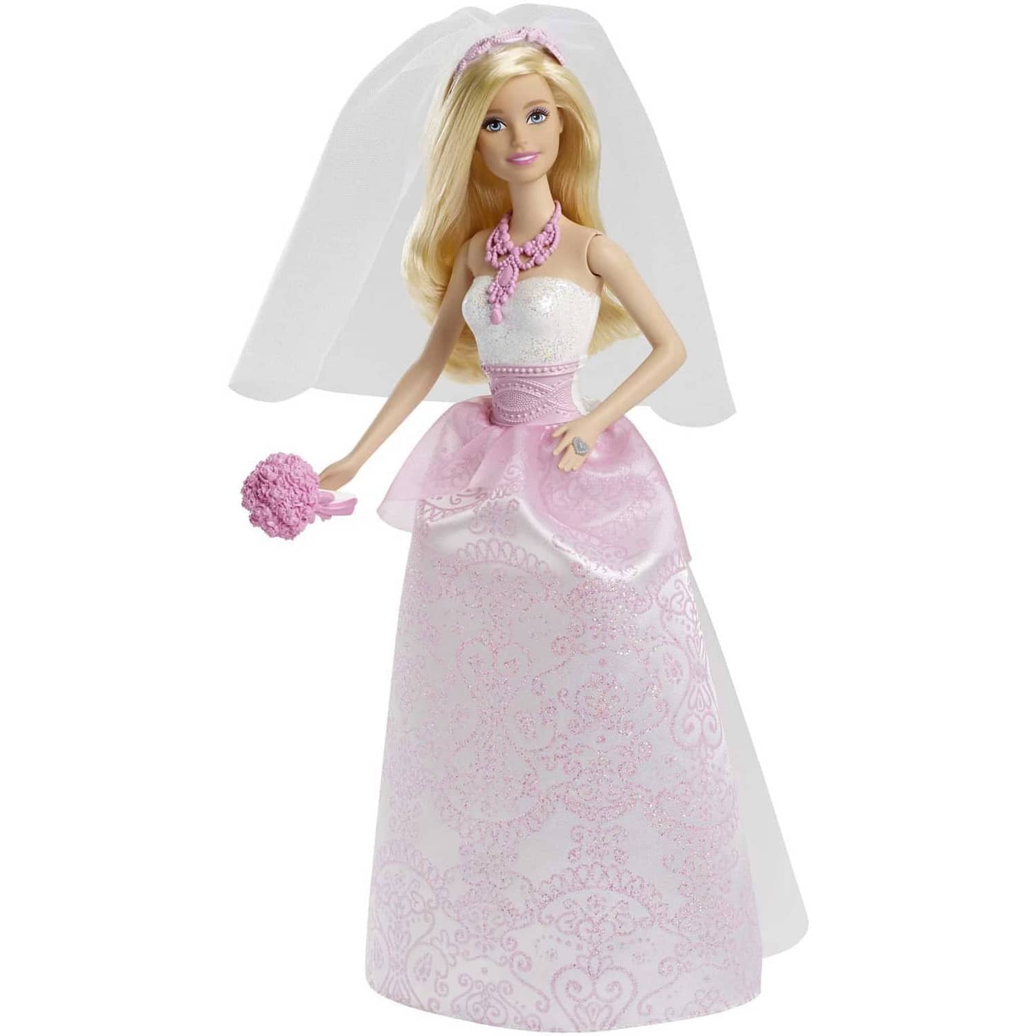 Barbie Bride Doll In White & Pink Dress With Veil & Bouquet Mattel