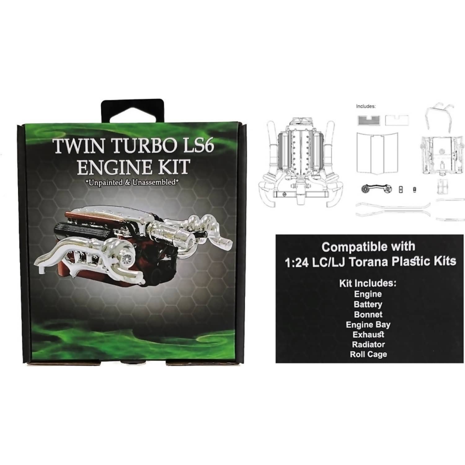 DDA Collectibles 1:24 Scale - LC & LJ Twin Turbo LS6 Torana Engine Plastic Kit - Diecast Model Accessory