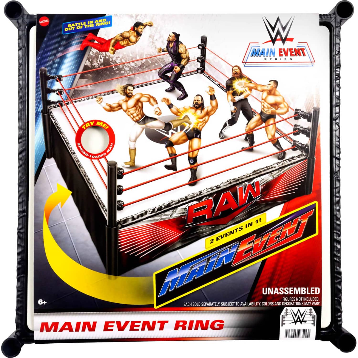 Wwe - Superstar Ring With Labels For Main Event & Raw Spring-loaded With Elastic Ring Ropes