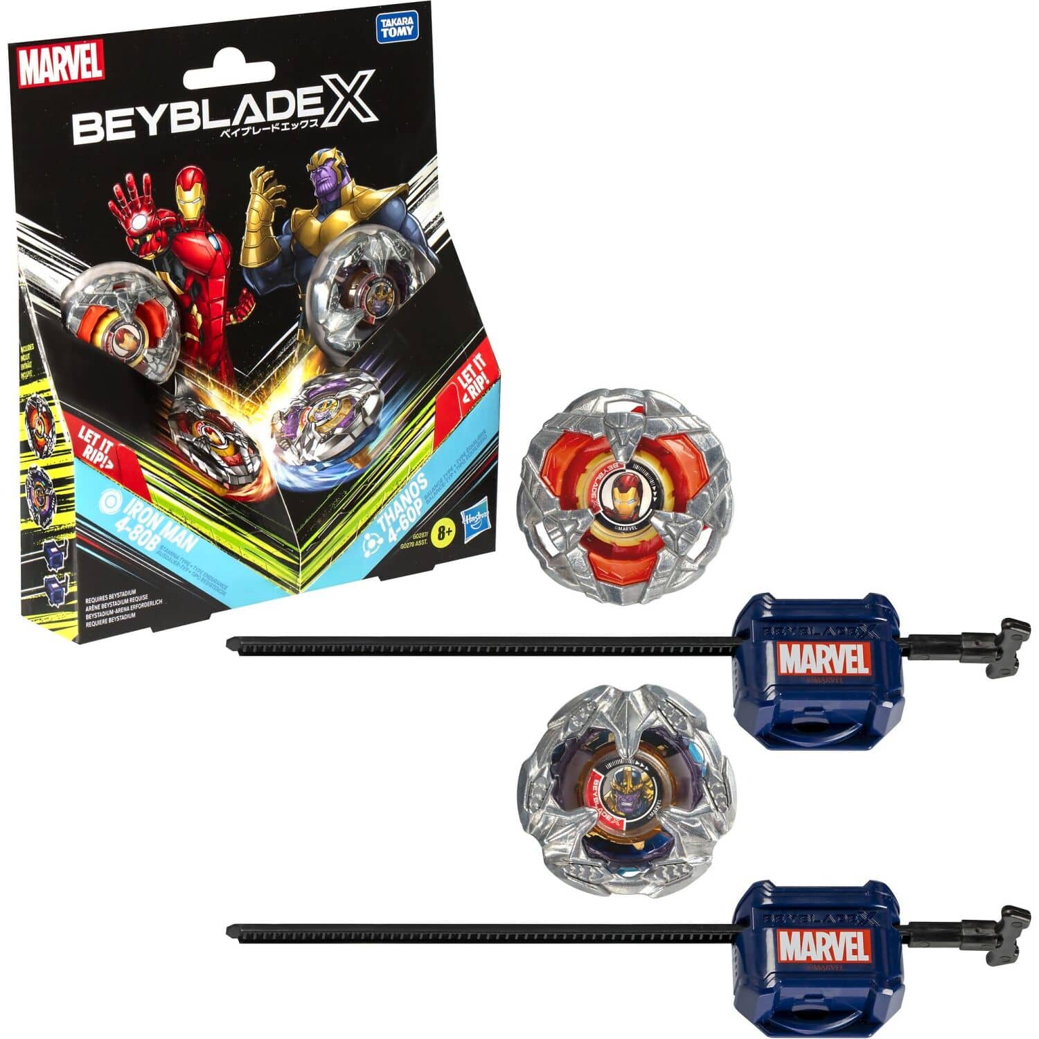 Beyblade X - Marvel Collab Iron Man 4-80B Vs. Thanos 4-60B Battle Tops Multipack Set With 2 Tops & 2 Launchers