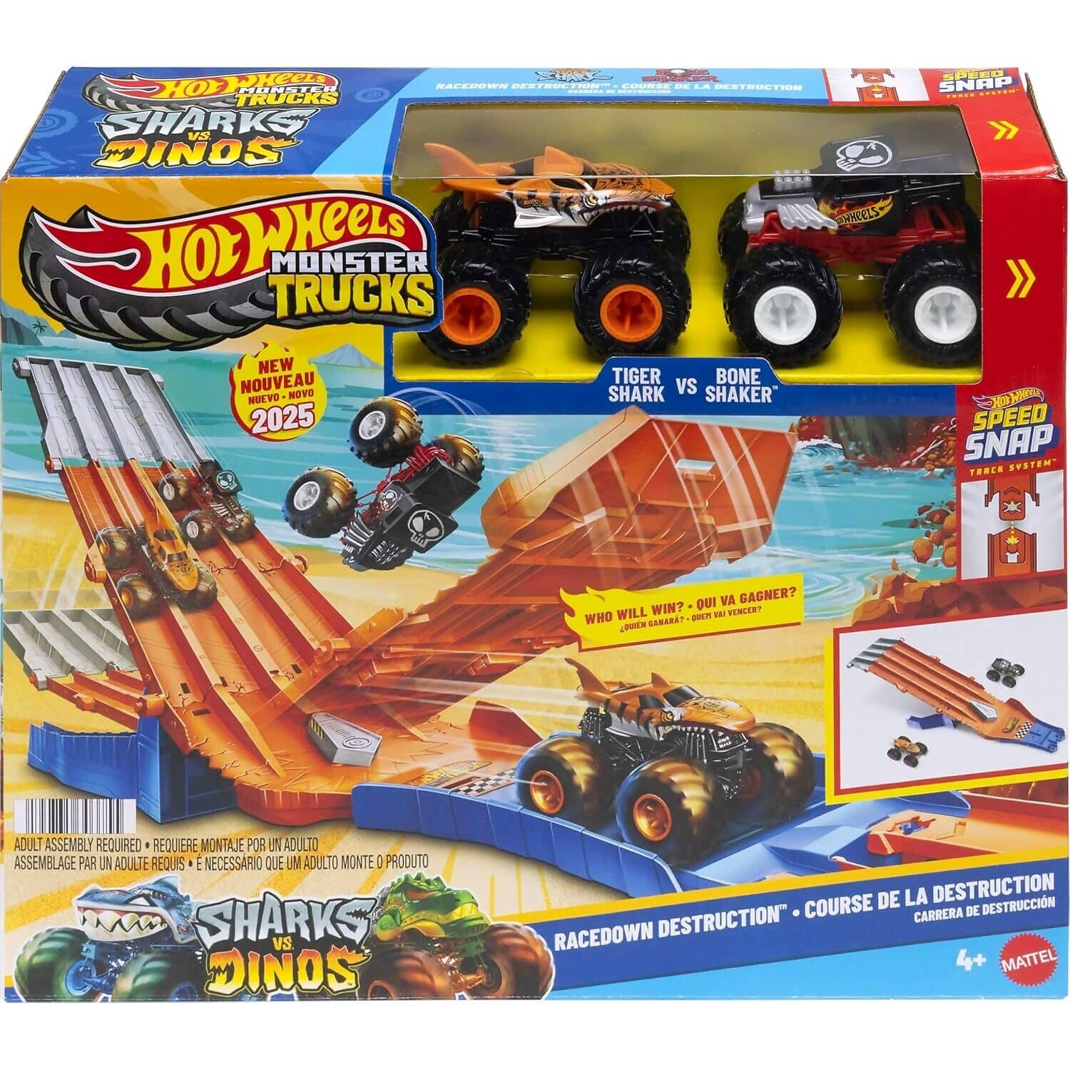 Hot Wheels - Monster Trucks Sharks Vs. Dinos Track Set with 1:64 Scale Mega-Wrex & Tiger Shark - Mattel