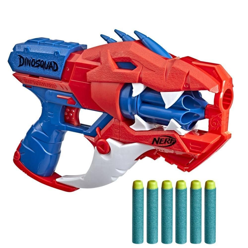 Nerf Dinosquad Raptor-slash Dart Blaster 6-dart Rotating Drum Slam Fire 6 Nerf Darts Velociraptor Dinosaur Design  Hasbro