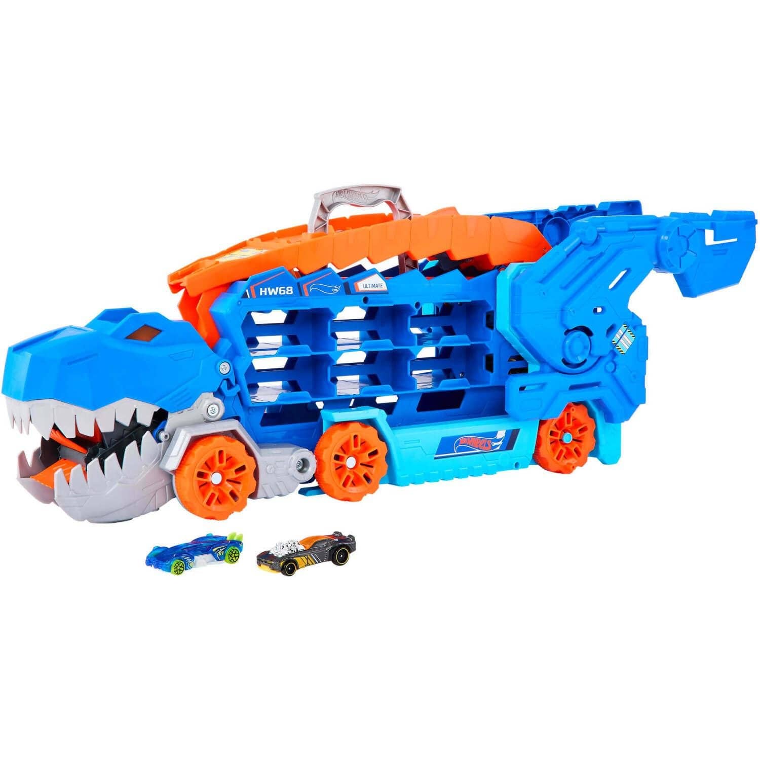 Hot Wheels - City Ultimate Hauler Transforms Into A T-rex With Race Track Stores 20+ Cars - Mattel