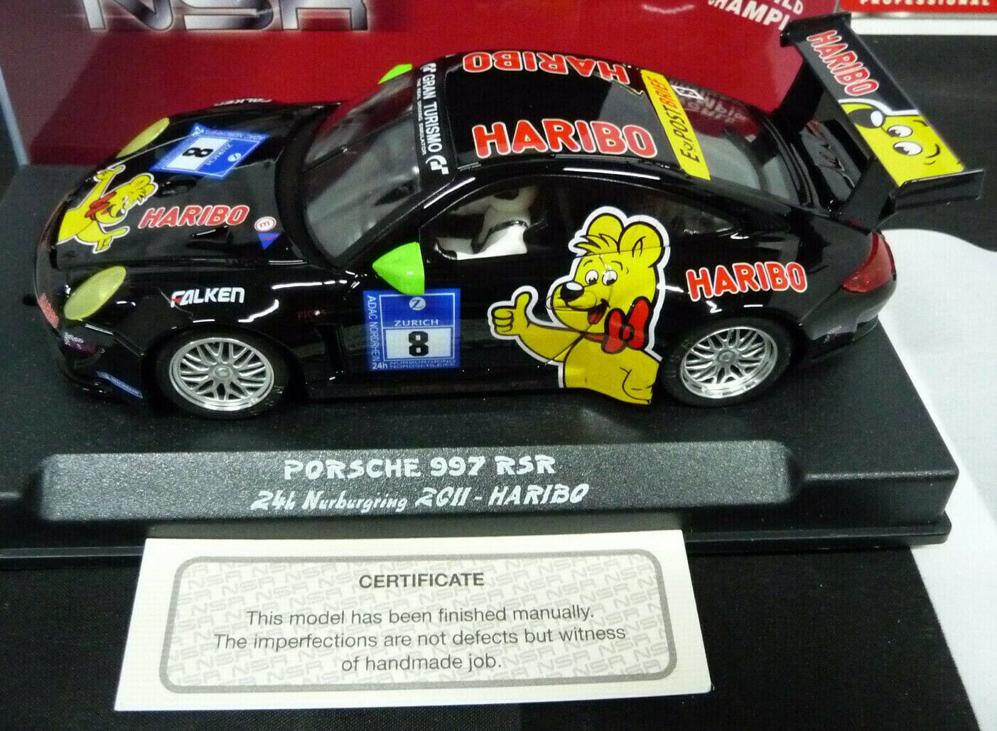 NSR 1:32 0021AW Porsche 997 GT3 Haribo No.8 Black 2011 slot car also suits scalextric/carrera