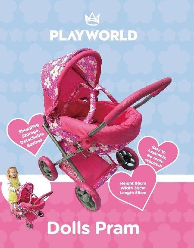 Playworld - Doll Toy Pram Medium Pink - Image 2