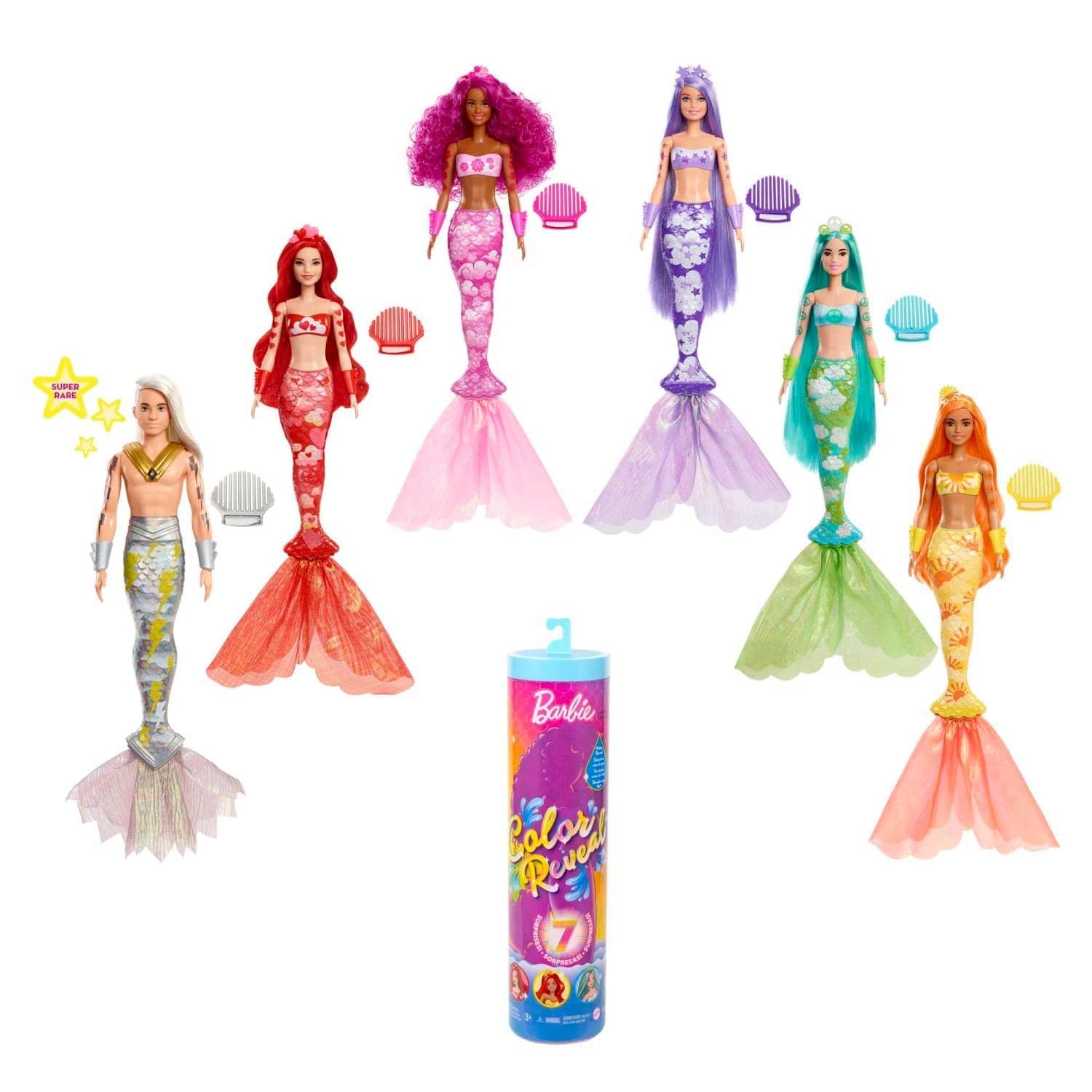 Barbie Doll Color Reveal Rainbow Mermaid Series With Fin Cuffs And Crown