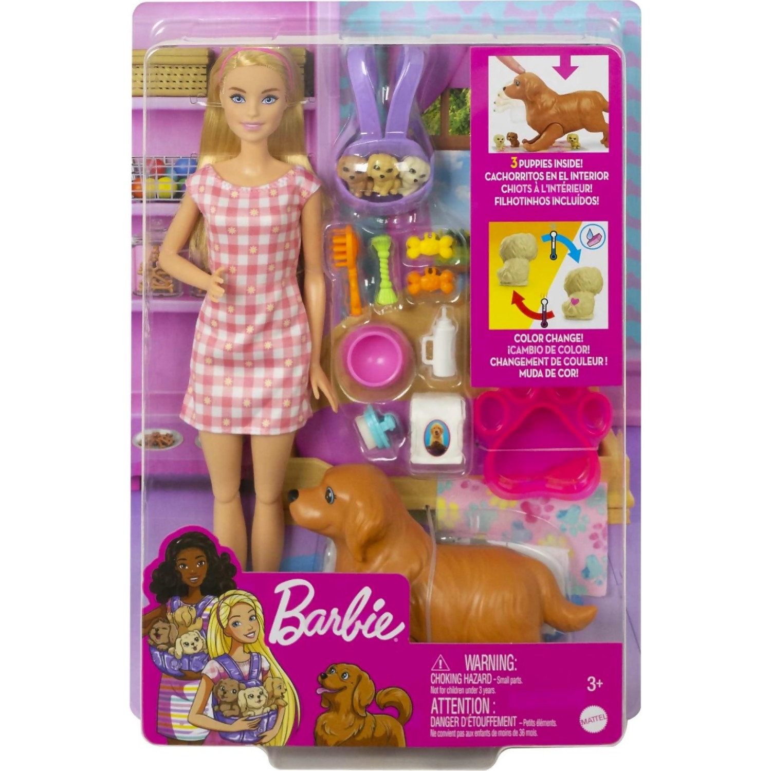 Barbie - Newborn Pups Playset With Blonde Doll Mommy Dog And 3 Puppies