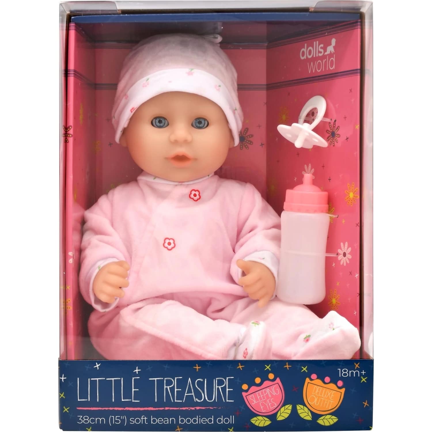 DollsWorld - Little Treasure Baby Doll & Accessories Pink Outfit - Soft Bean Bodied Doll 38cm