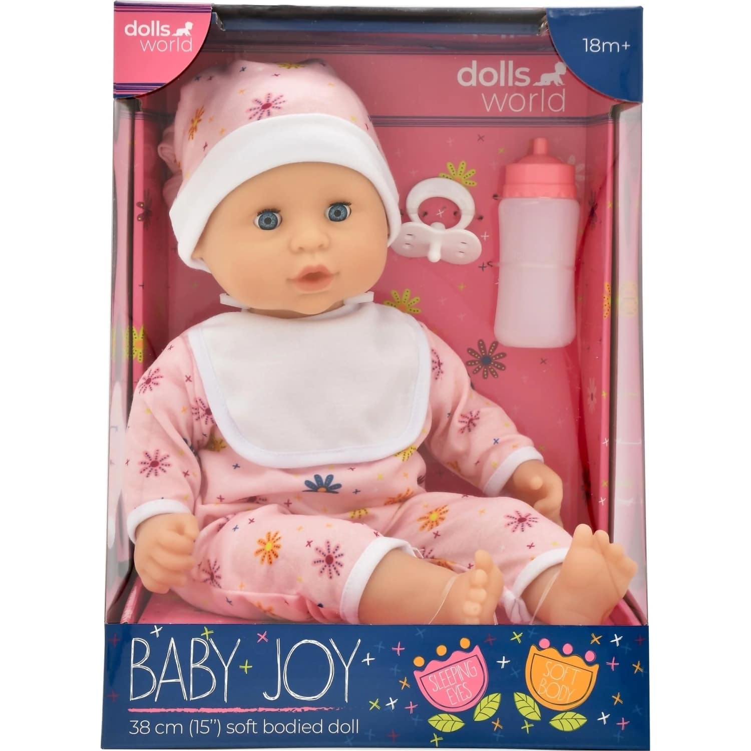 DollsWorld - Baby Joy Floral Romper & Accessories - Soft Bodied Doll 38cm