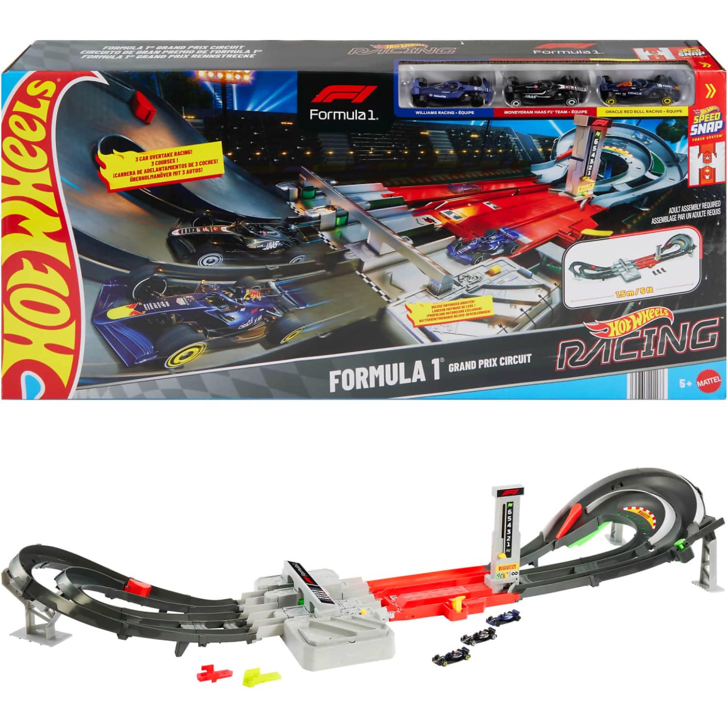 Hot Wheels - Race Formula 1 Grand Prix Circuit Track Set with 3 1:64 Scale Die-Cast Toy Cars - Mattel