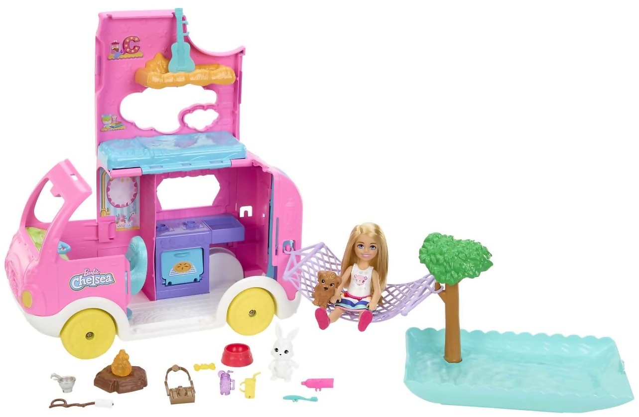 Barbie - Chelsea 2-in-1 Camper Playset With Chelsea Small Doll 2 Pets & 15 Accessories - Mattel