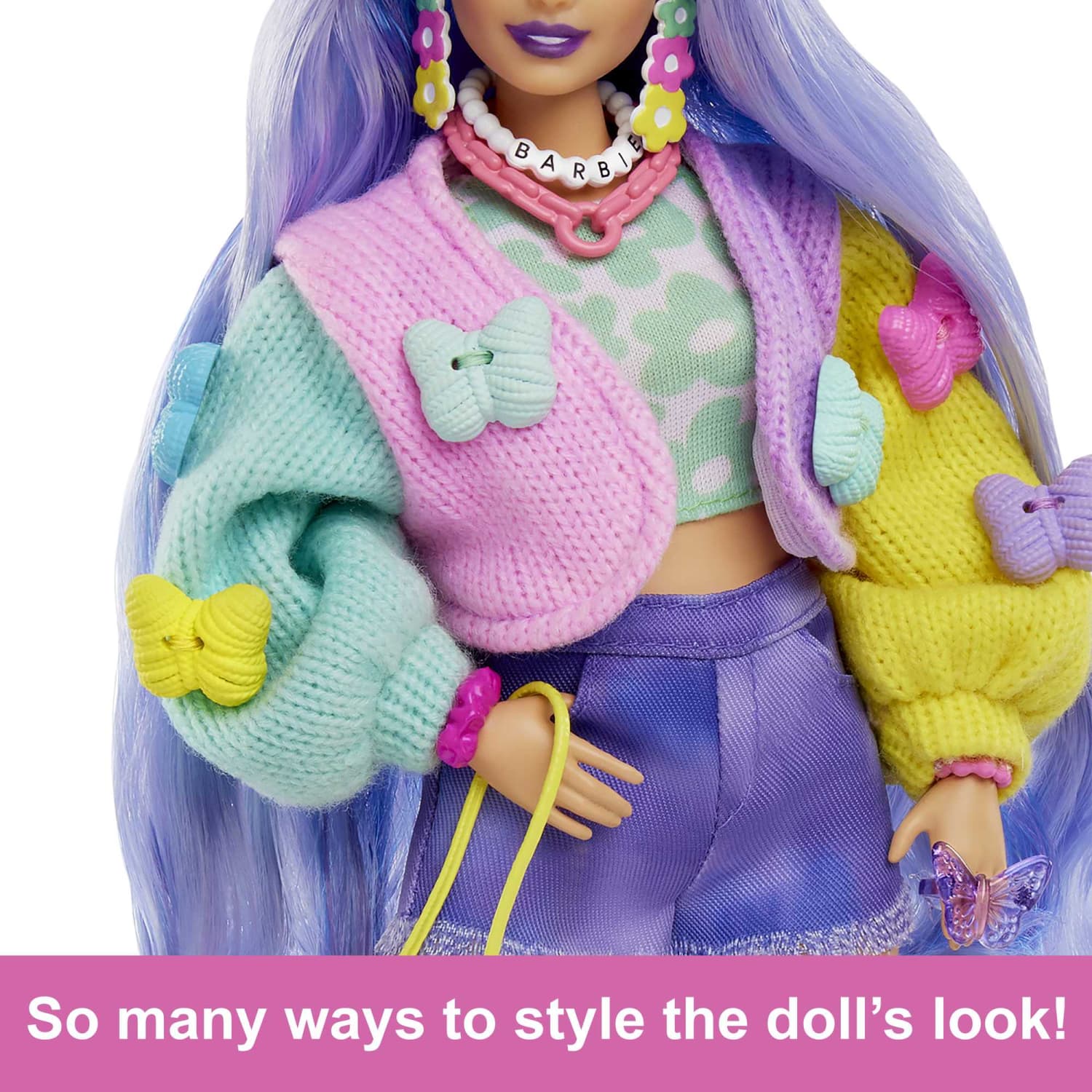 Barbie Extra Doll With Pet Koala Wavy Lavender Hair Butterfly Sweater Outfit And Accessories - Image 4